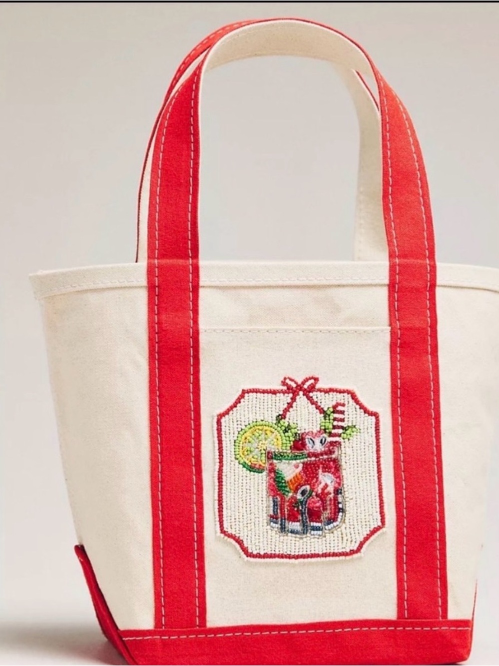Anthropologie Beaded Canvas Tote with Red Trim and Bloody Mary beaded decor